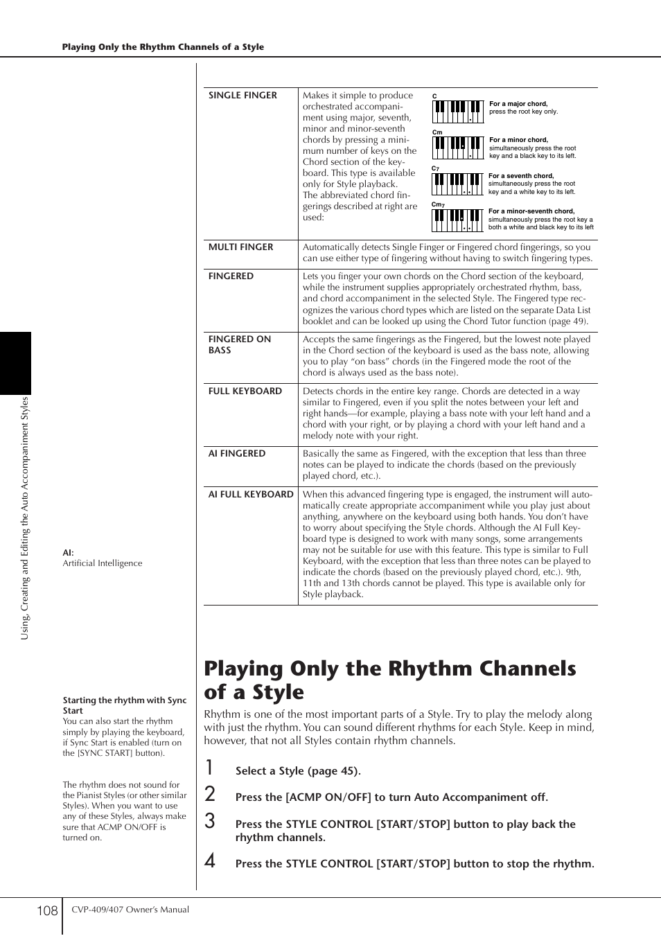 Playing only the rhythm channels of a style | Yamaha CVP-409 User Manual | Page 108 / 226