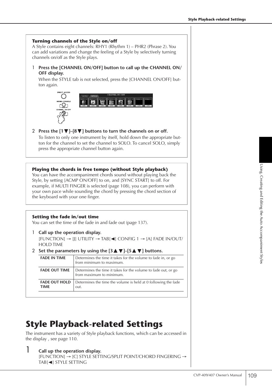 Style playback-related settings, P. 109, 143 | Yamaha CVP-409 User Manual | Page 109 / 226