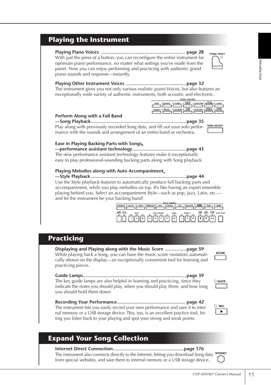 Playing the instrument, Practicing, Expand your song collection | Yamaha CVP-409 User Manual | Page 11 / 226