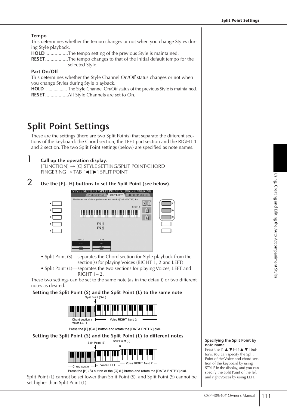 Split point settings | Yamaha CVP-409 User Manual | Page 111 / 226