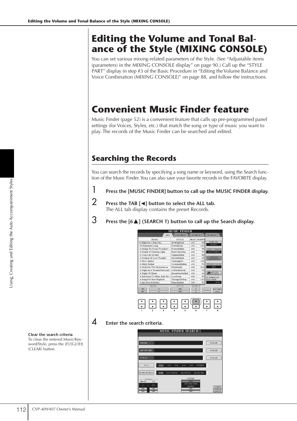 Convenient music finder feature, Searching the records | Yamaha CVP-409 User Manual | Page 112 / 226
