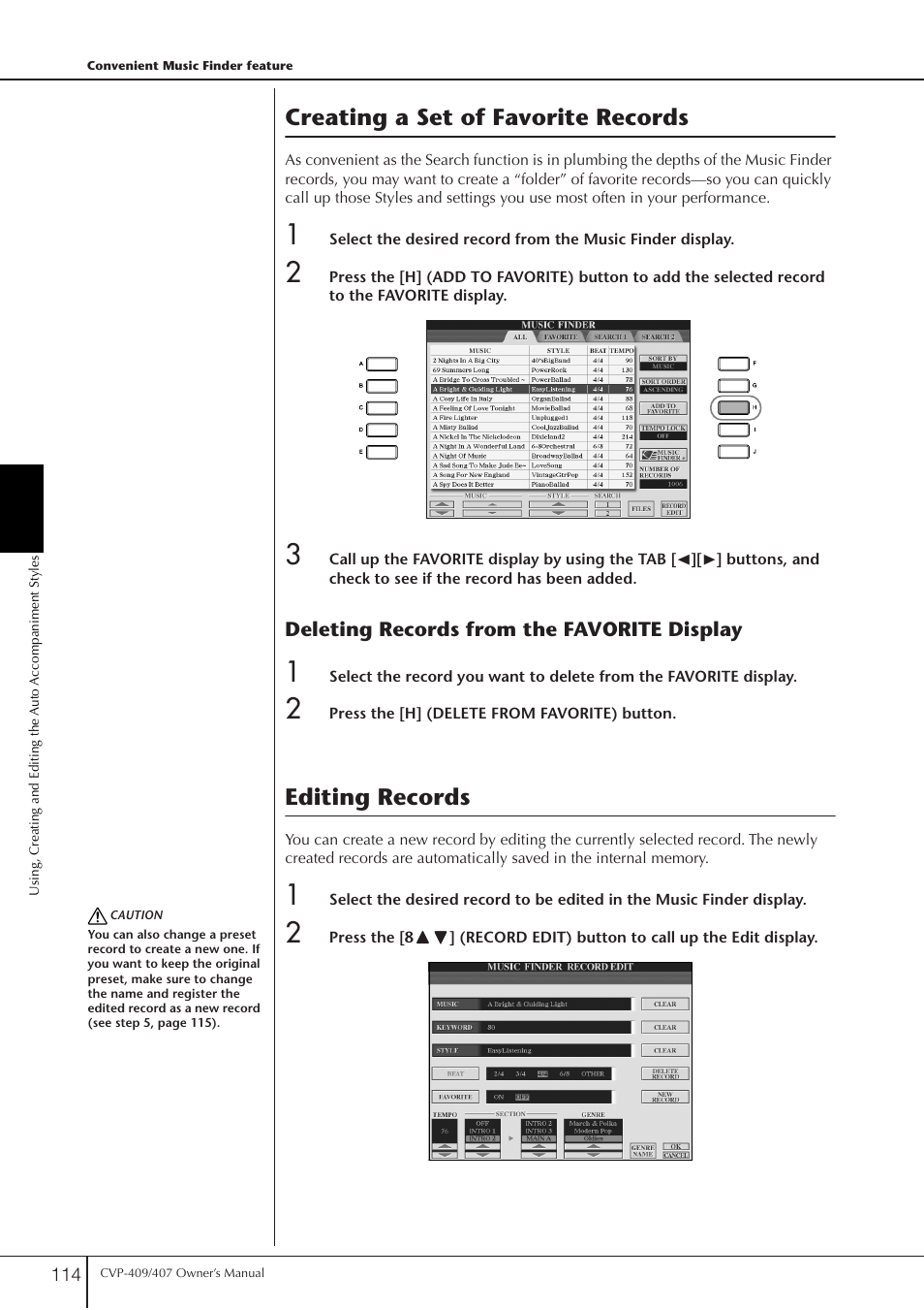 Creating a set of favorite records, Editing records, Creating a set of favorite records editing records | Yamaha CVP-409 User Manual | Page 114 / 226