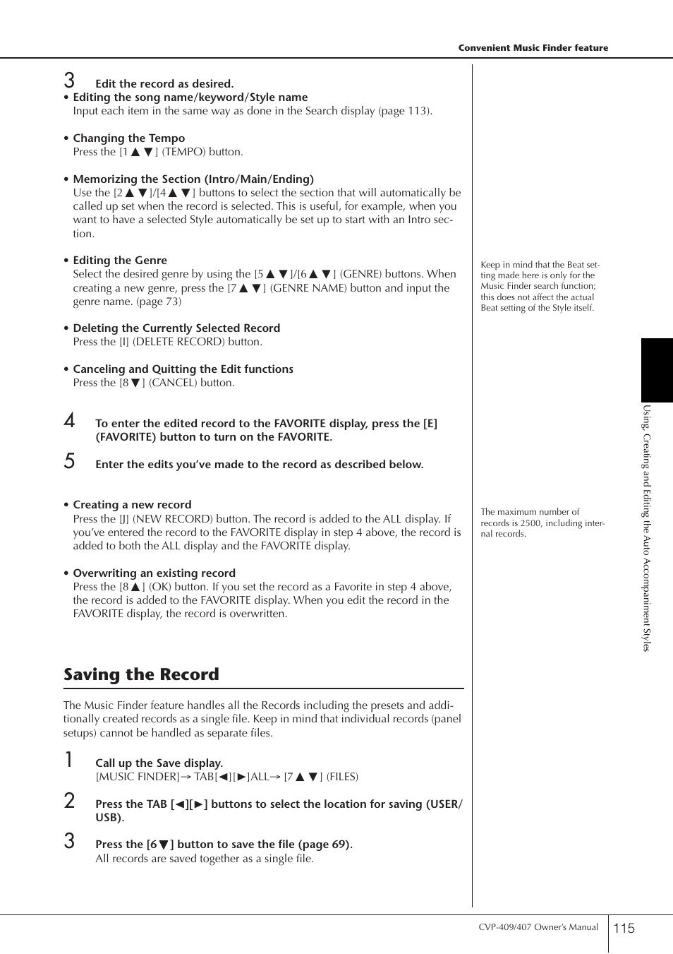 Saving the record | Yamaha CVP-409 User Manual | Page 115 / 226