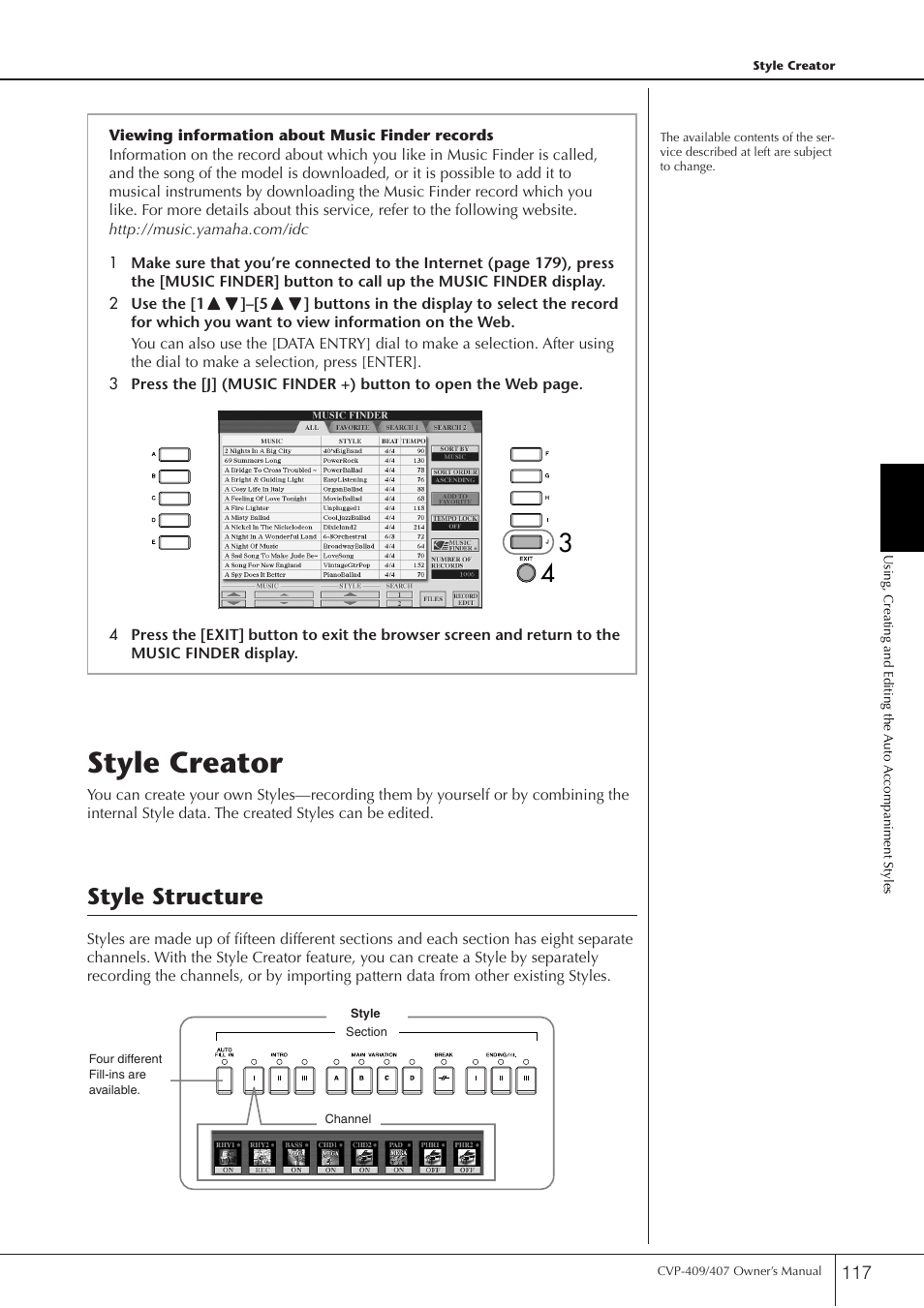 Style creator, Style structure | Yamaha CVP-409 User Manual | Page 117 / 226