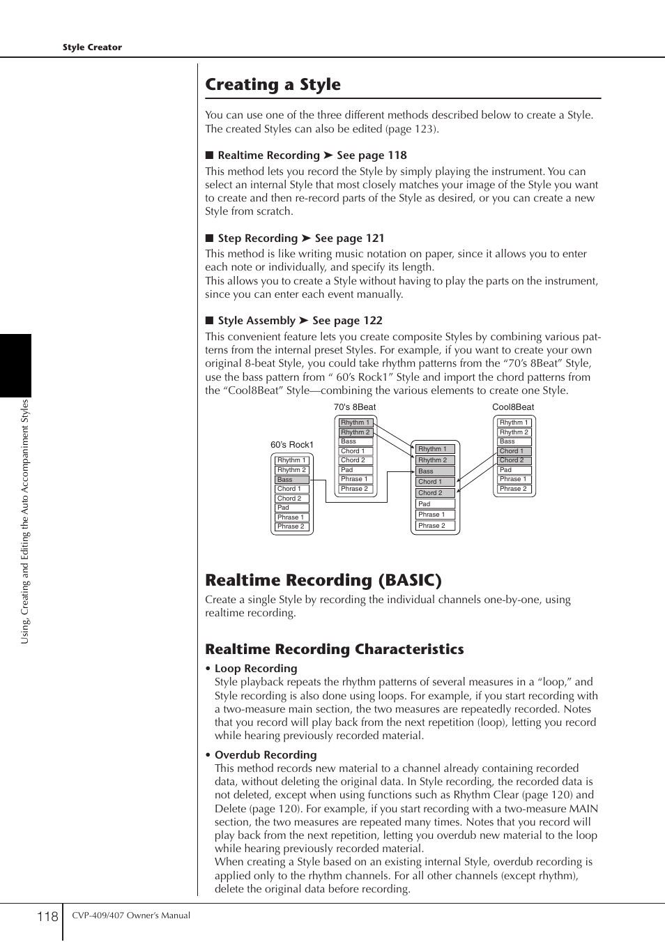 Creating a style, Realtime recording (basic), Realtime recording characteristics | Yamaha CVP-409 User Manual | Page 118 / 226