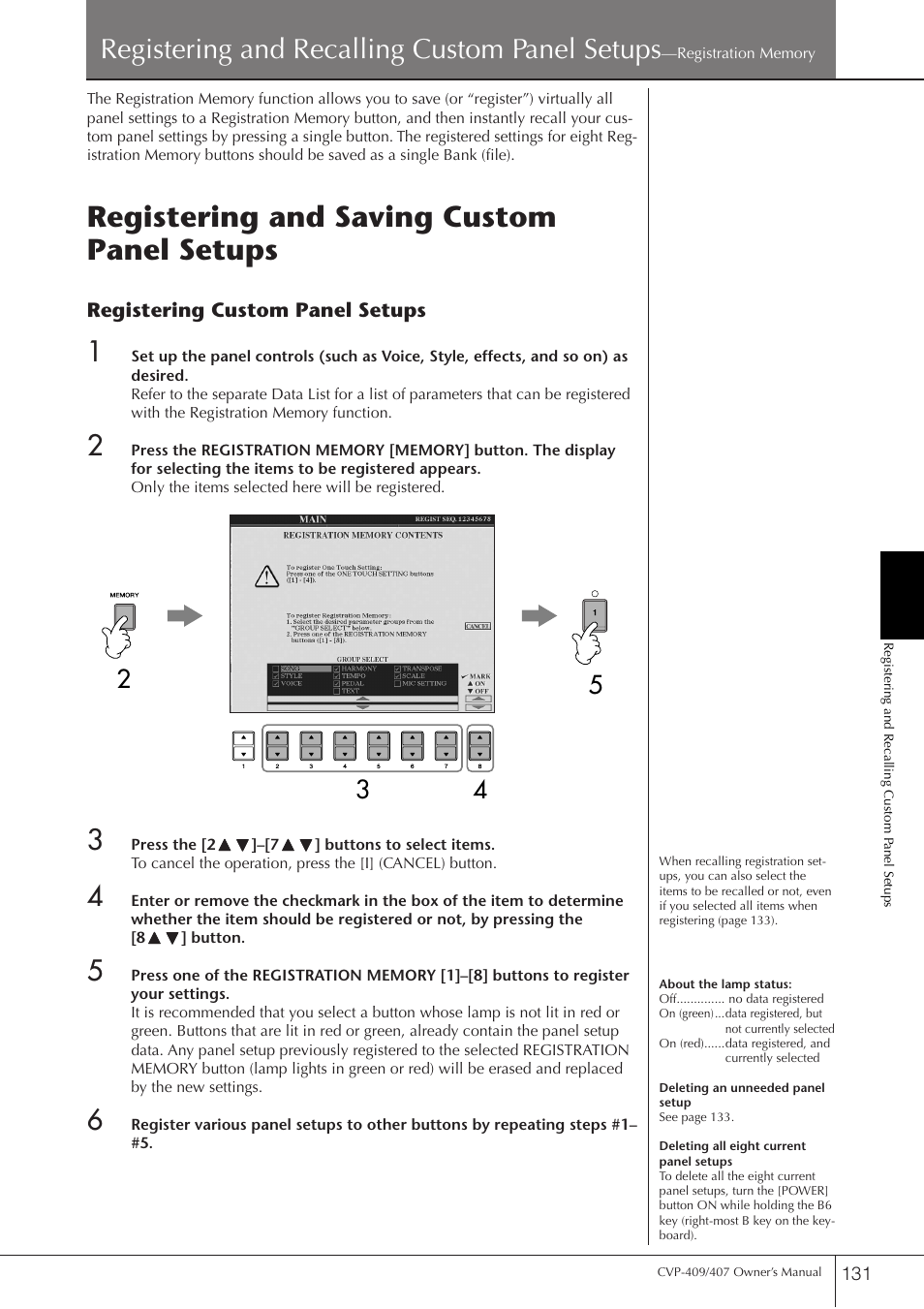 Registering and saving custom panel setups, P. 131, Registering and recalling custom panel setups | Yamaha CVP-409 User Manual | Page 131 / 226