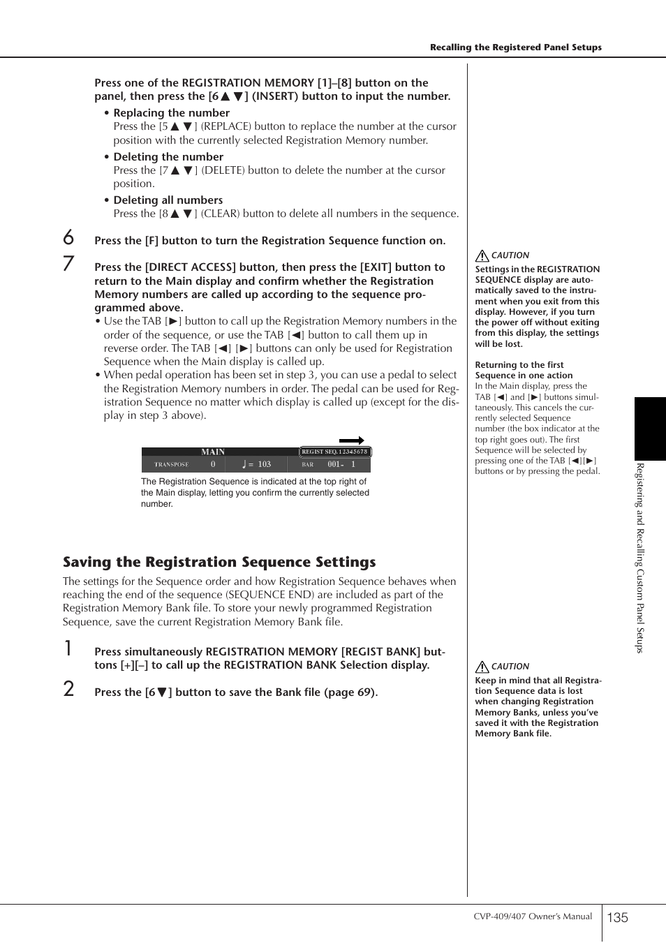 Saving the registration sequence settings | Yamaha CVP-409 User Manual | Page 135 / 226