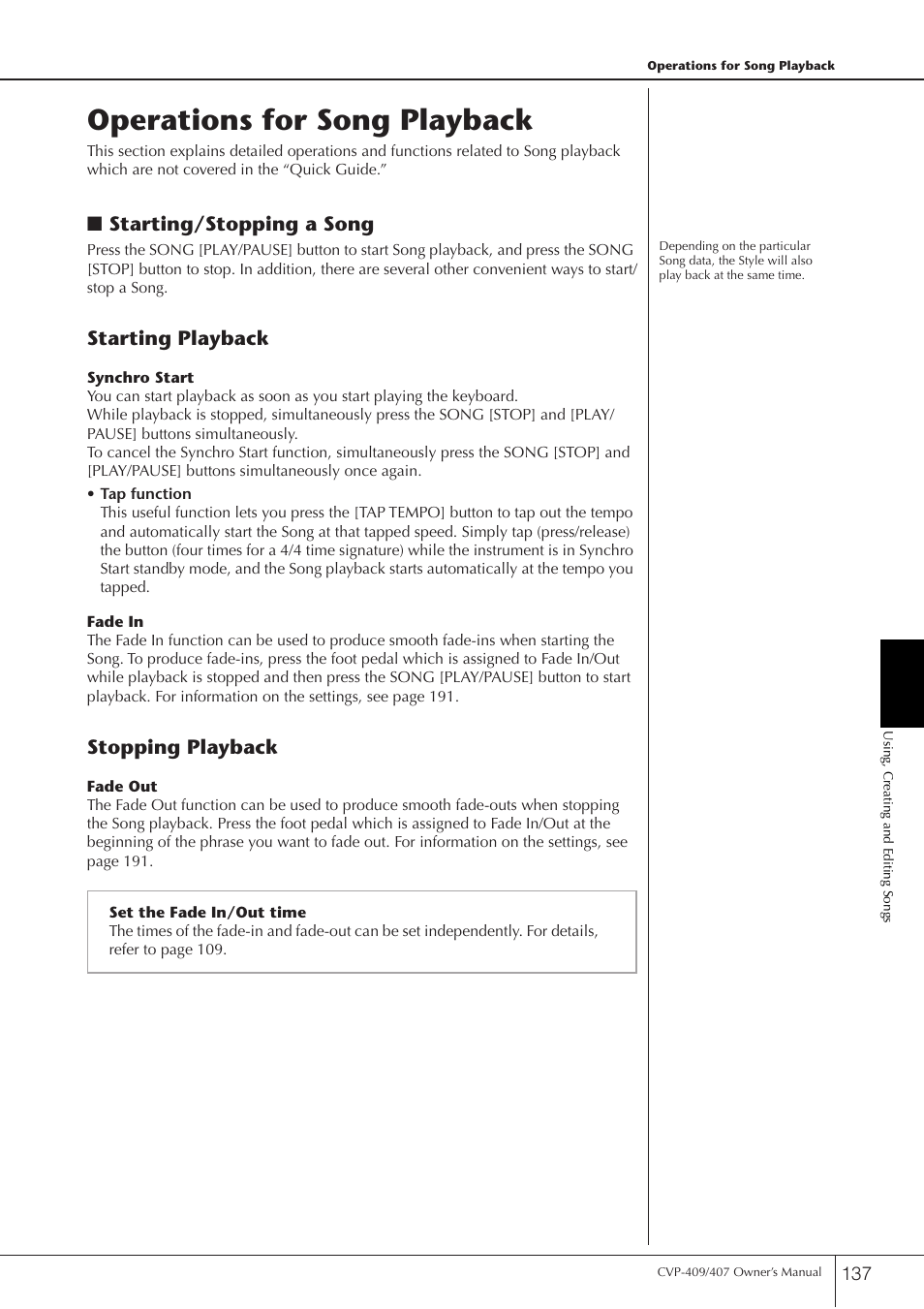 Operations for song playback | Yamaha CVP-409 User Manual | Page 137 / 226