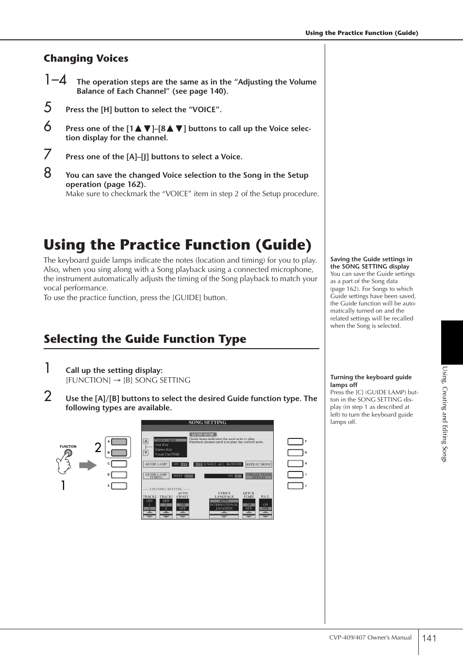 Using the practice function (guide), Selecting the guide function type | Yamaha CVP-409 User Manual | Page 141 / 226