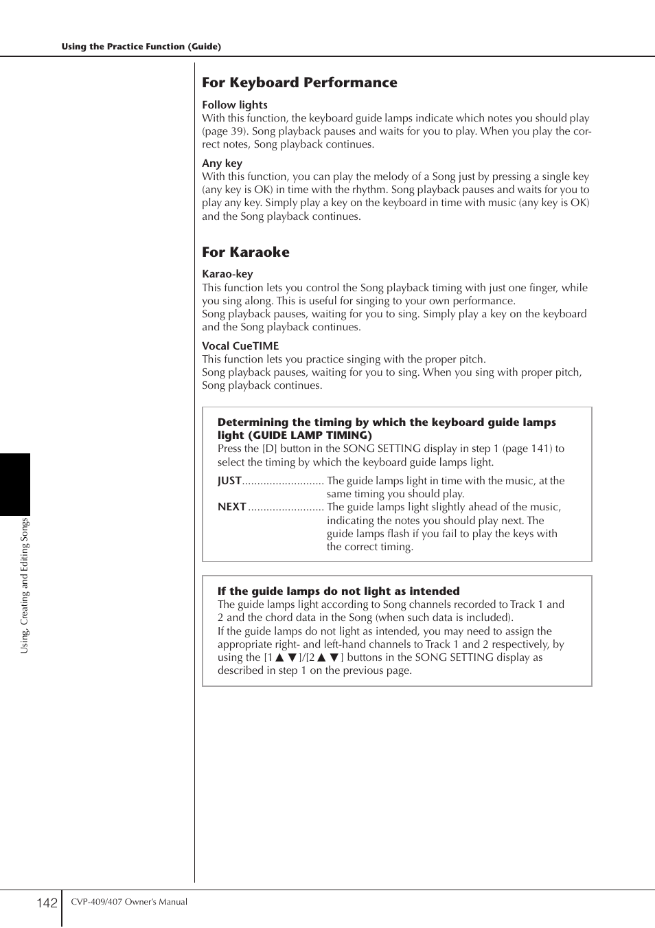 For keyboard performance, For karaoke | Yamaha CVP-409 User Manual | Page 142 / 226