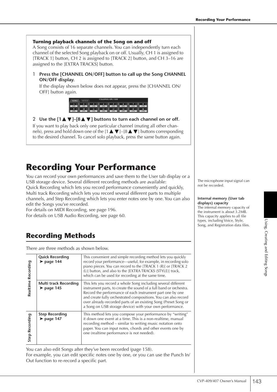 Recording your performance, Recording methods | Yamaha CVP-409 User Manual | Page 143 / 226