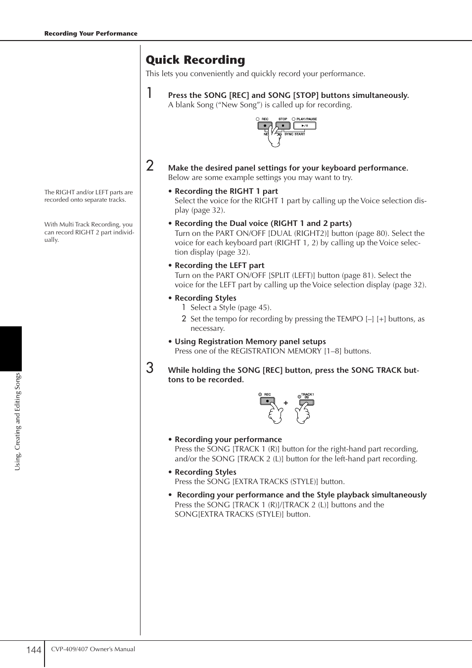 P. 144, Quick recording | Yamaha CVP-409 User Manual | Page 144 / 226