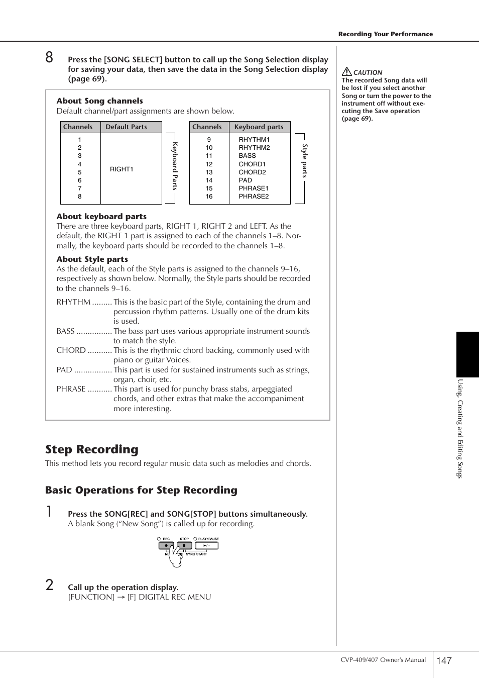 Step recording, Basic operations for step recording | Yamaha CVP-409 User Manual | Page 147 / 226