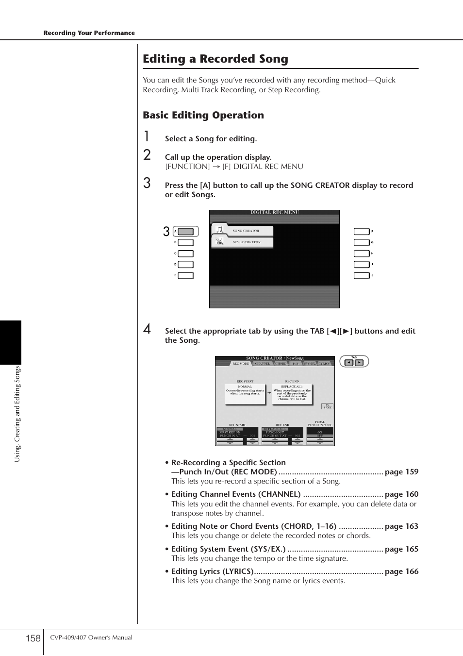 Editing a recorded song | Yamaha CVP-409 User Manual | Page 158 / 226