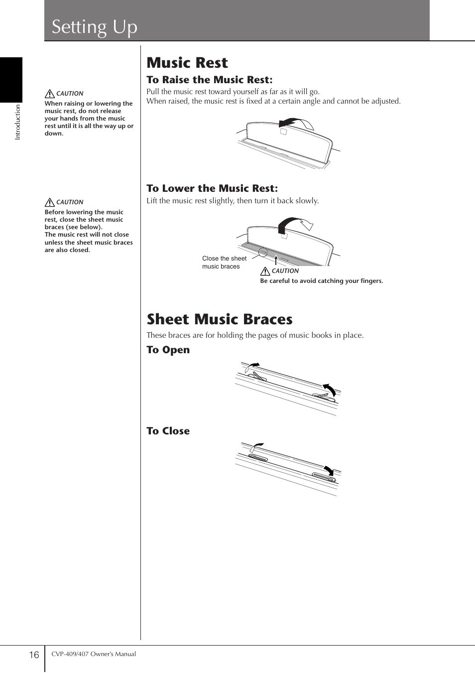 Setting up, Music rest, Sheet music braces | Music rest sheet music braces | Yamaha CVP-409 User Manual | Page 16 / 226