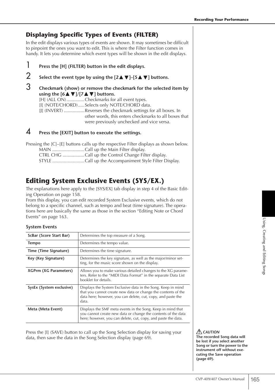 Editing system exclusive events (sys/ex.), Displaying specific types of events (filter) | Yamaha CVP-409 User Manual | Page 165 / 226