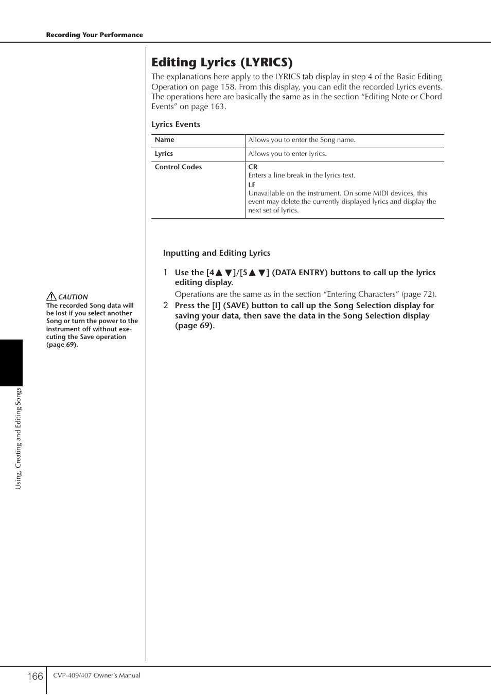 Editing lyrics (lyrics) | Yamaha CVP-409 User Manual | Page 166 / 226