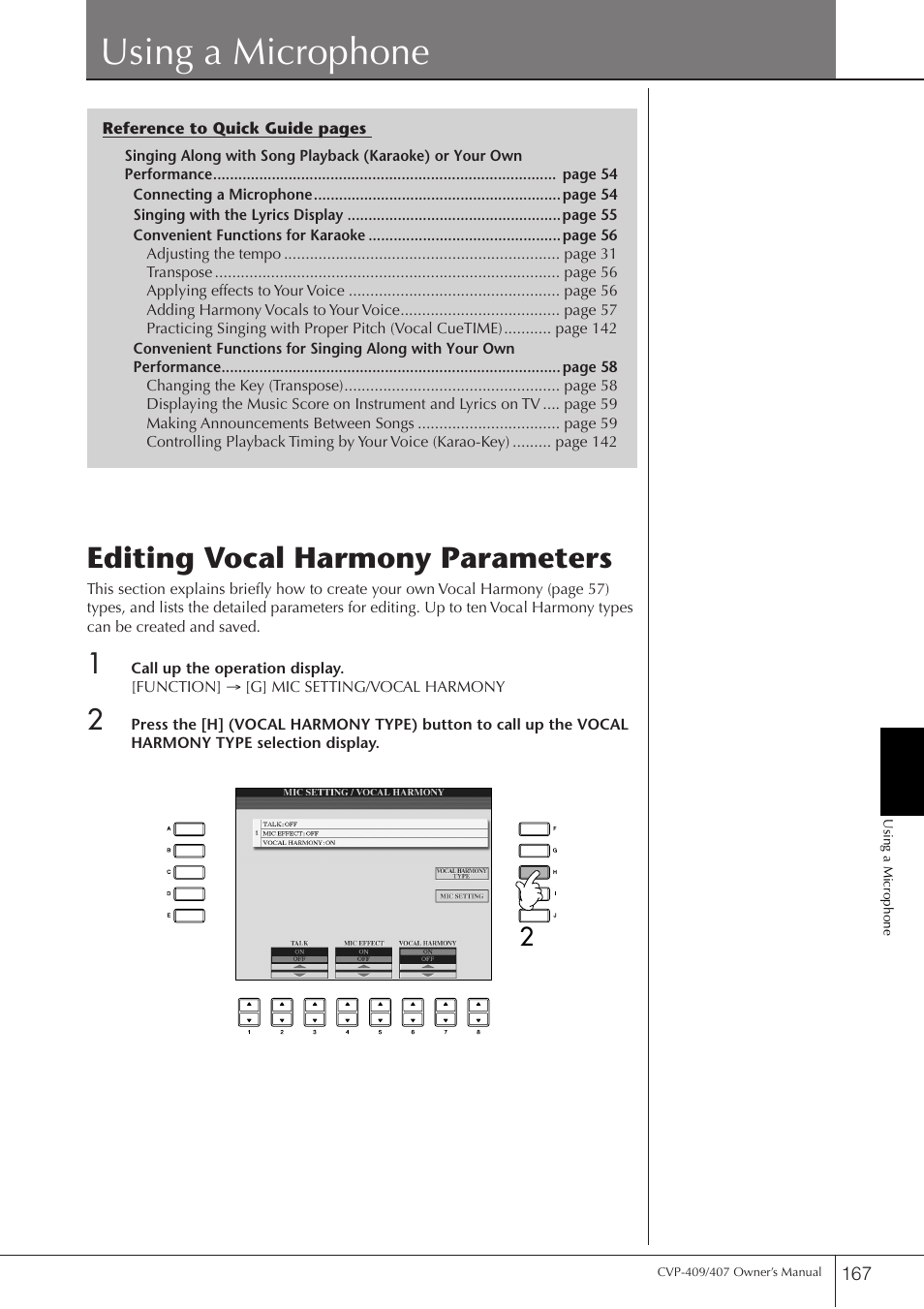 Using a microphone, Editing vocal harmony parameters | Yamaha CVP-409 User Manual | Page 167 / 226