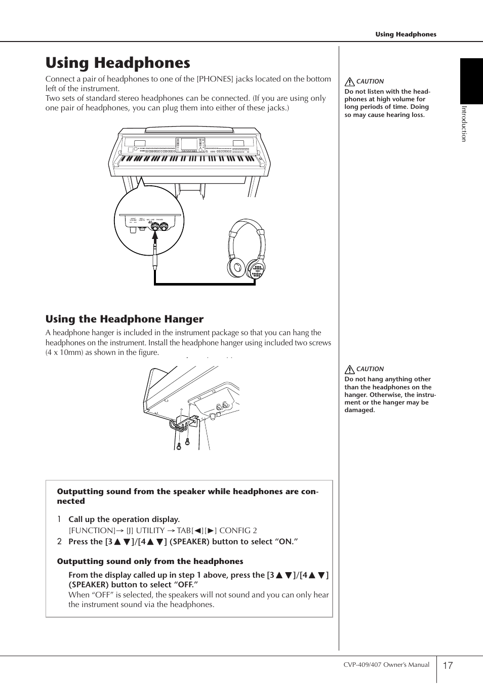 Using headphones, Using the headphone hanger | Yamaha CVP-409 User Manual | Page 17 / 226