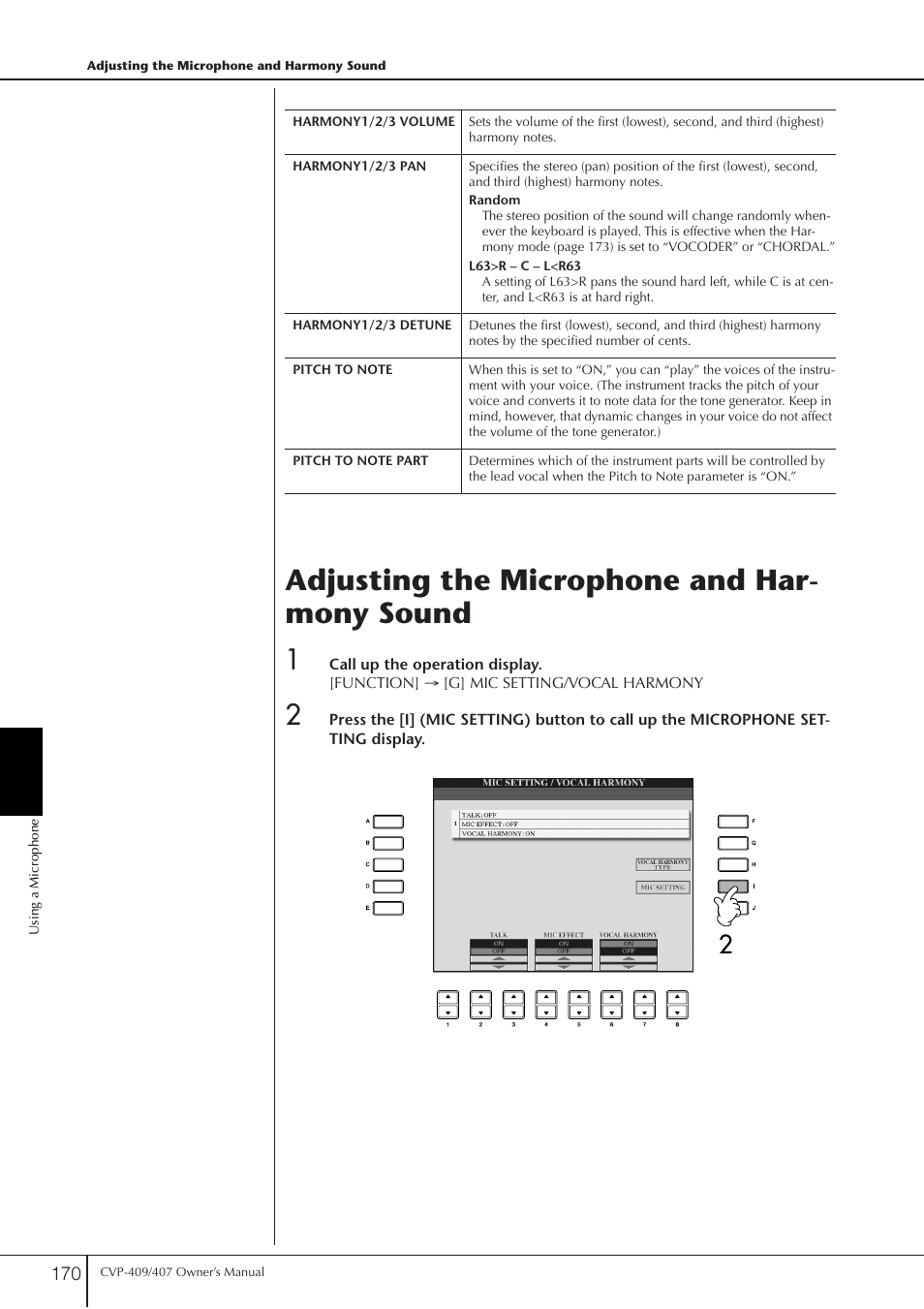 Adjusting the microphone and harmony sound, Adjusting the microphone and har- mony sound | Yamaha CVP-409 User Manual | Page 170 / 226