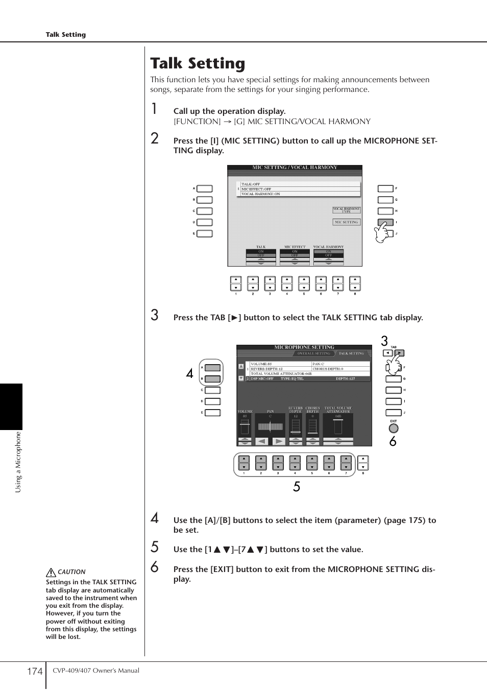 Talk setting | Yamaha CVP-409 User Manual | Page 174 / 226