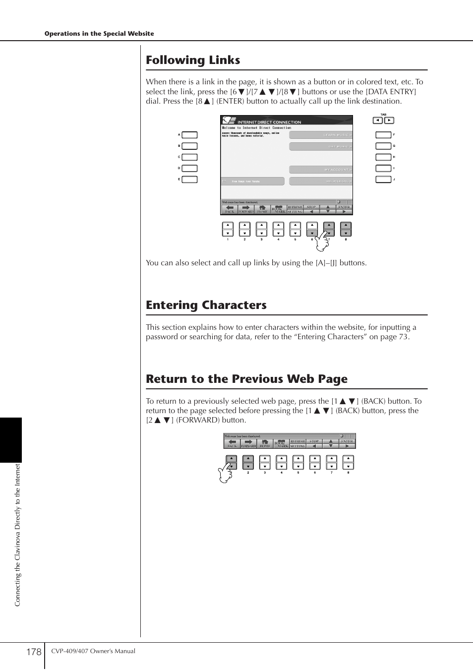 Following links, Entering characters, Return to the previous web page | Yamaha CVP-409 User Manual | Page 178 / 226