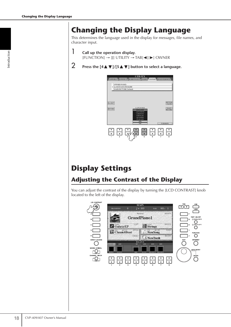 Changing the display language, Display settings, Changing the display language display settings | P. 18, Adjusting the contrast of the display | Yamaha CVP-409 User Manual | Page 18 / 226