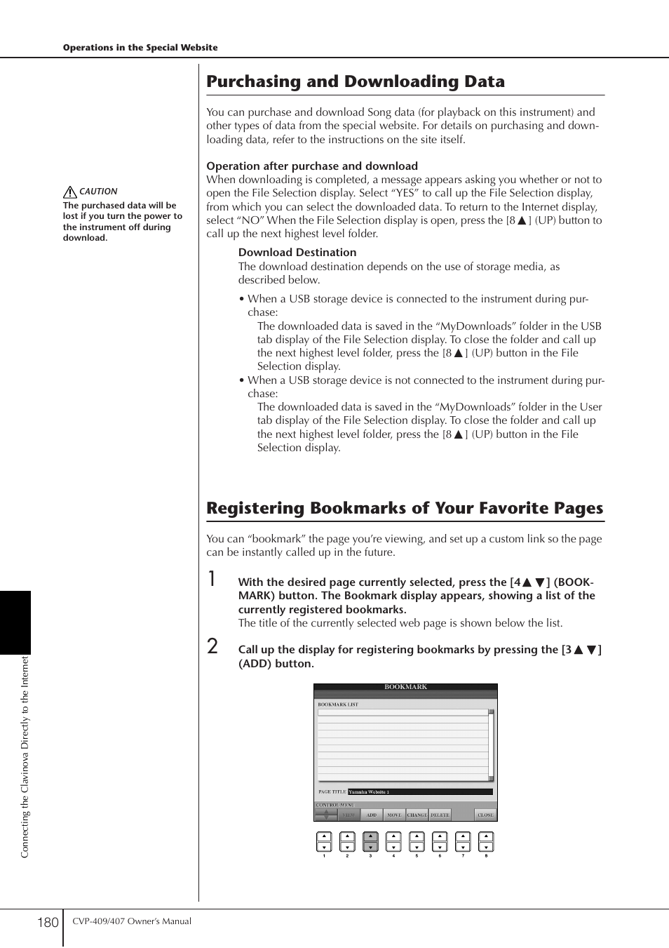 Purchasing and downloading data, Registering bookmarks of your favorite pages | Yamaha CVP-409 User Manual | Page 180 / 226
