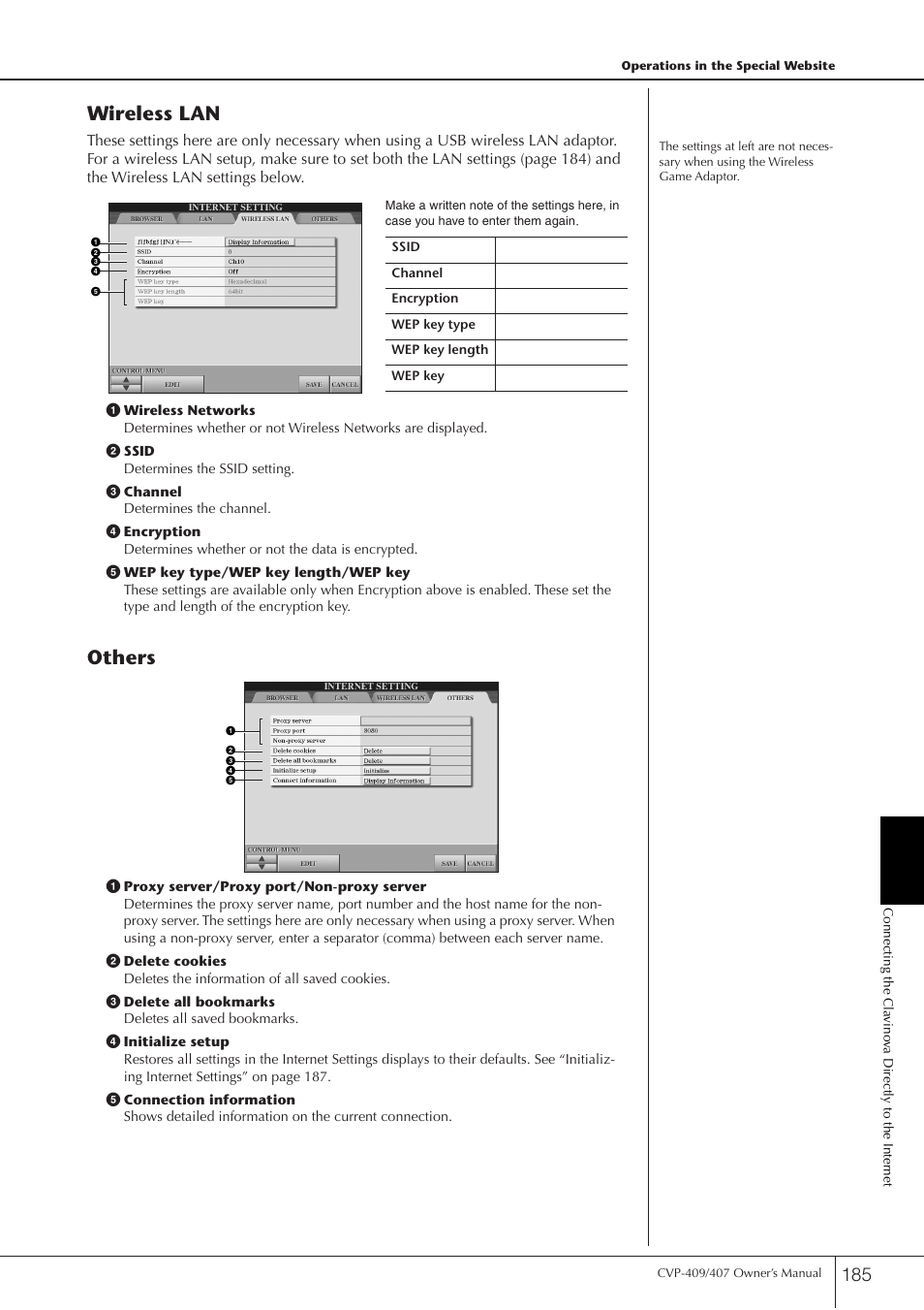 Wireless lan, Others | Yamaha CVP-409 User Manual | Page 185 / 226