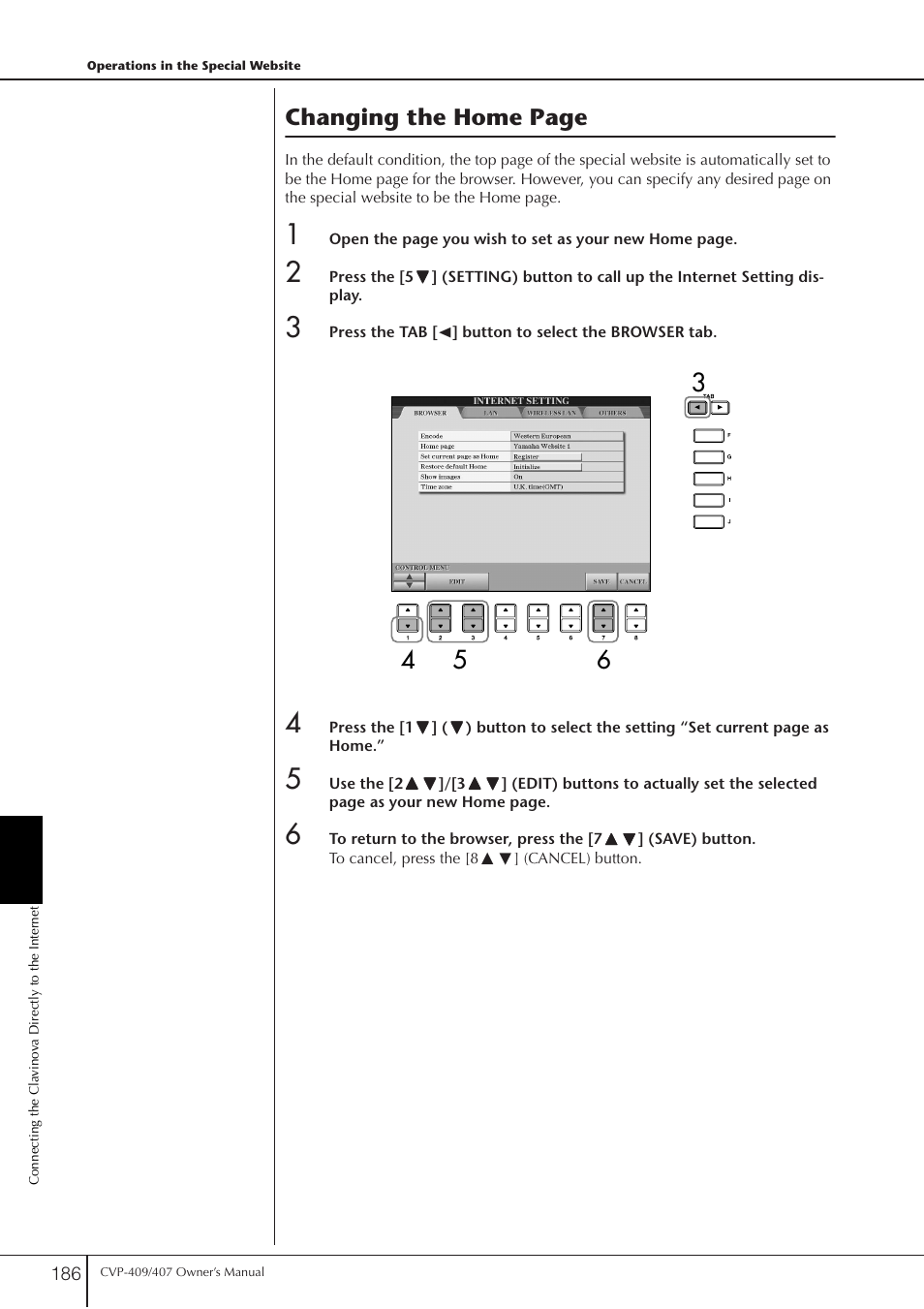 Changing the home page | Yamaha CVP-409 User Manual | Page 186 / 226