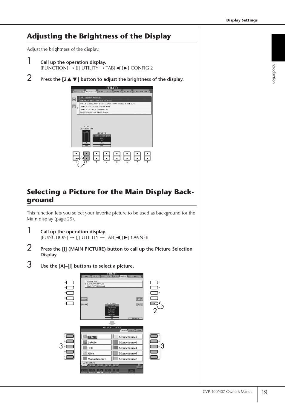 Adjusting the brightness of the display | Yamaha CVP-409 User Manual | Page 19 / 226