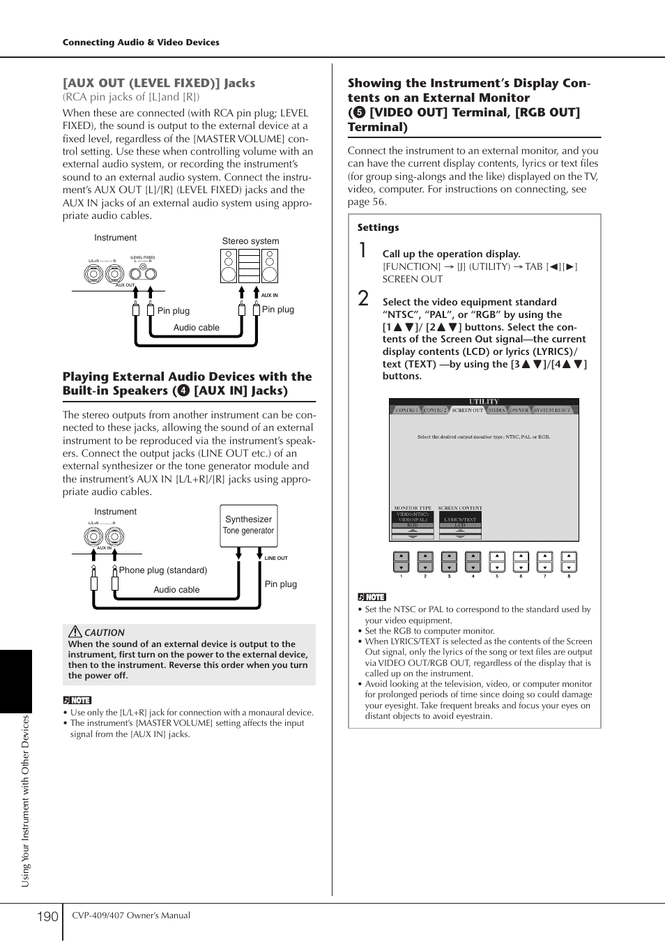 P. 190, Aux out (level fixed)] jacks | Yamaha CVP-409 User Manual | Page 190 / 226