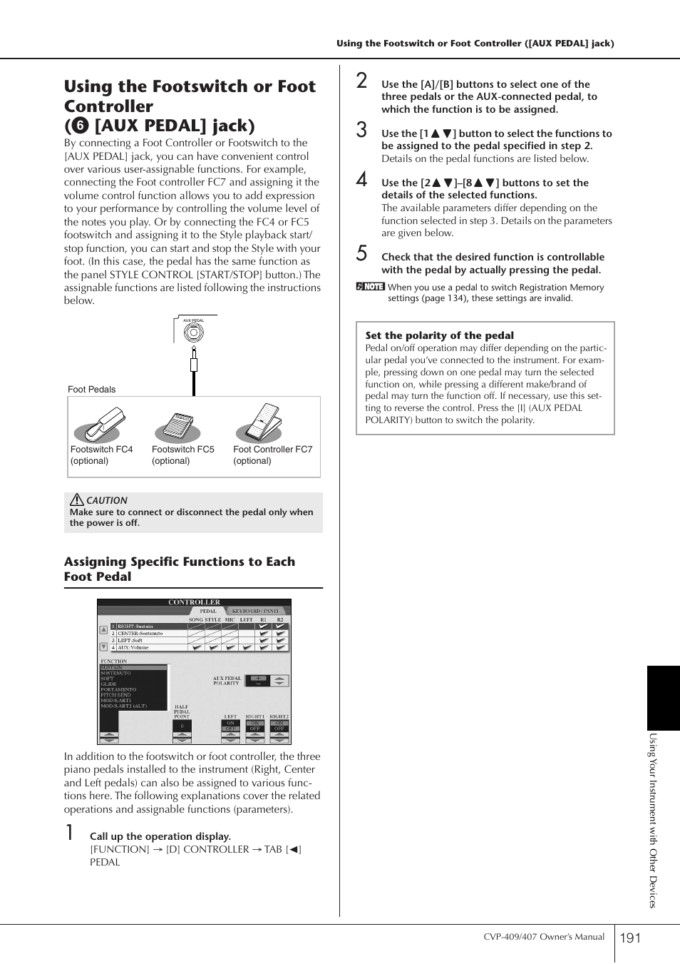 Assigning specific functions to each foot pedal, Using the footswitch or foot controller, P. 191 | Yamaha CVP-409 User Manual | Page 191 / 226