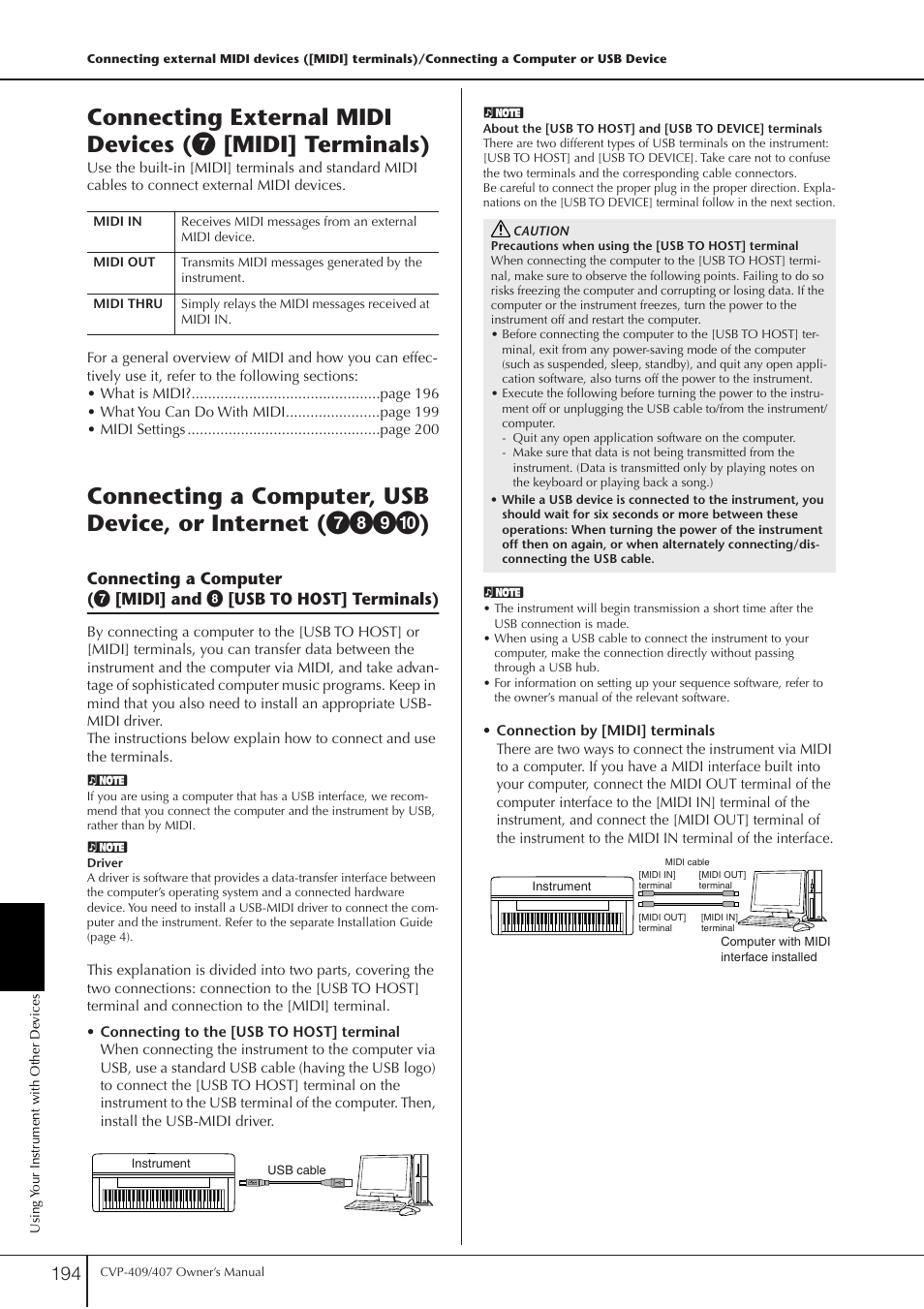 Connecting external midi devices, Connecting a computer, usb device, or internet, Connecting a computer | P. 194 | Yamaha CVP-409 User Manual | Page 194 / 226