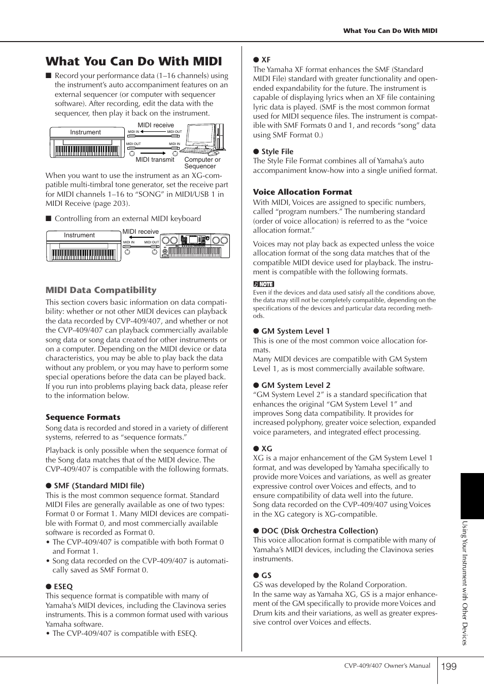 What you can do with midi, Midi data compatibility | Yamaha CVP-409 User Manual | Page 199 / 226