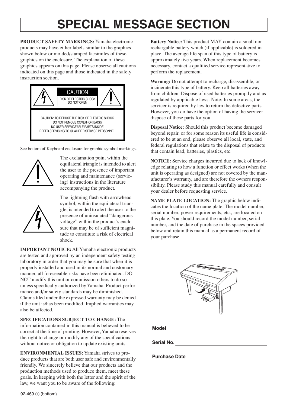 Caution | Yamaha CVP-409 User Manual | Page 2 / 226