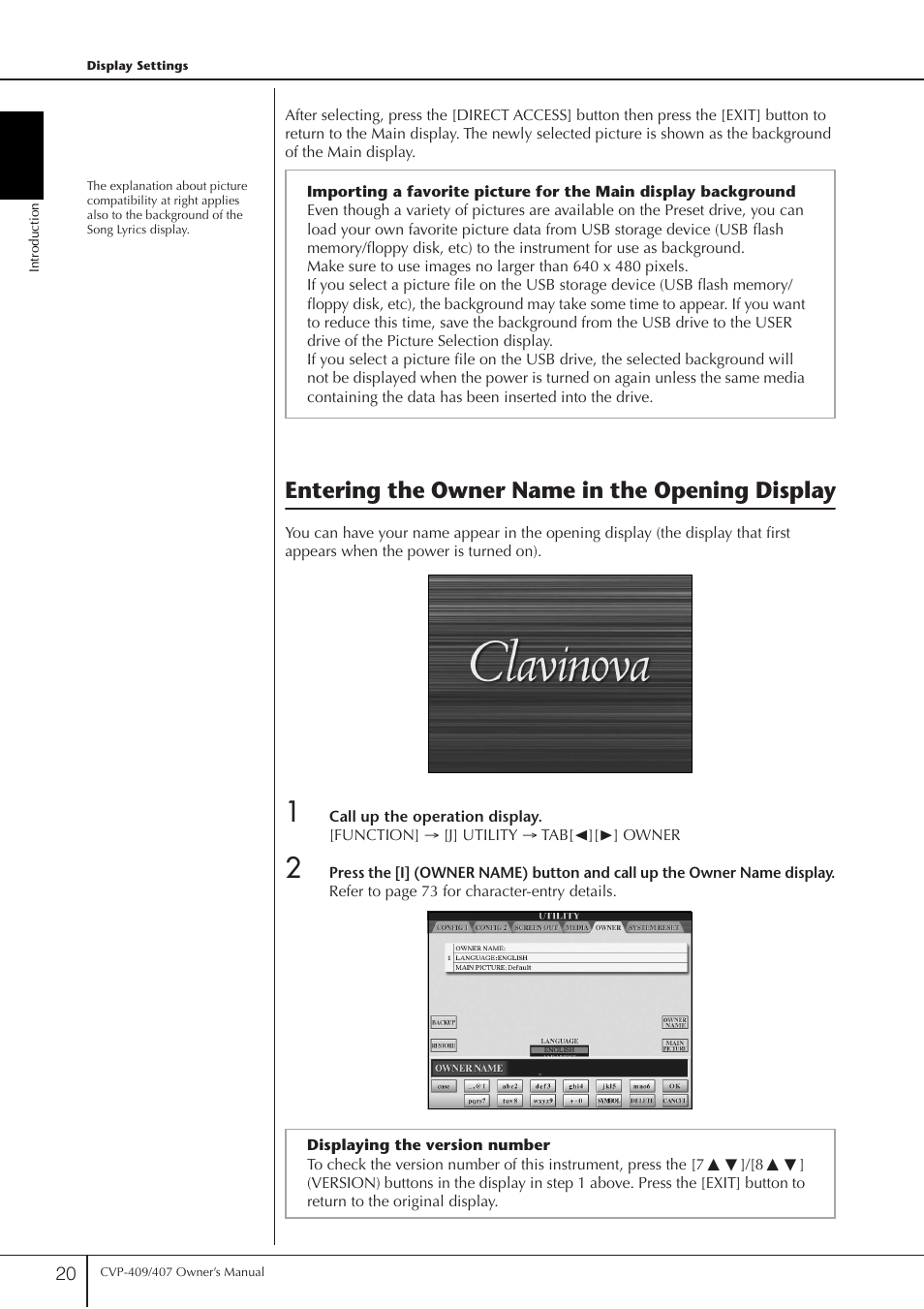 Entering the owner name in the opening display | Yamaha CVP-409 User Manual | Page 20 / 226