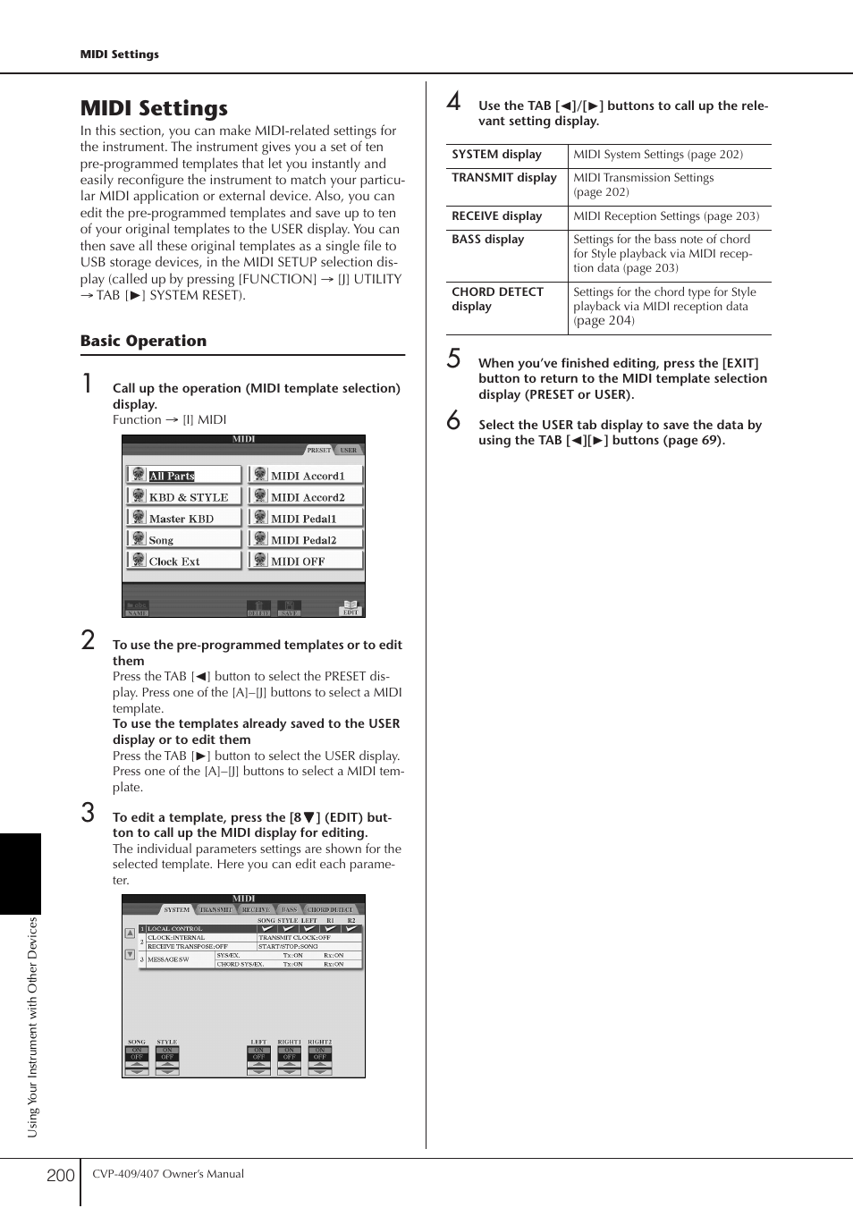 Midi settings, Basic operation | Yamaha CVP-409 User Manual | Page 200 / 226