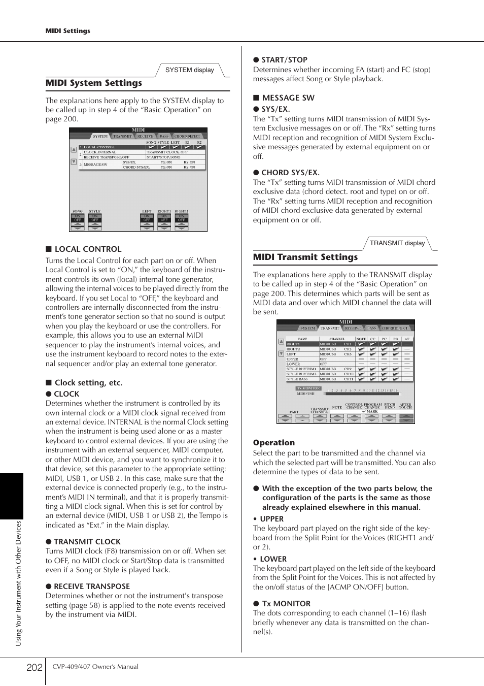 Midi system settings, Midi transmit settings, Al control | Yamaha CVP-409 User Manual | Page 202 / 226
