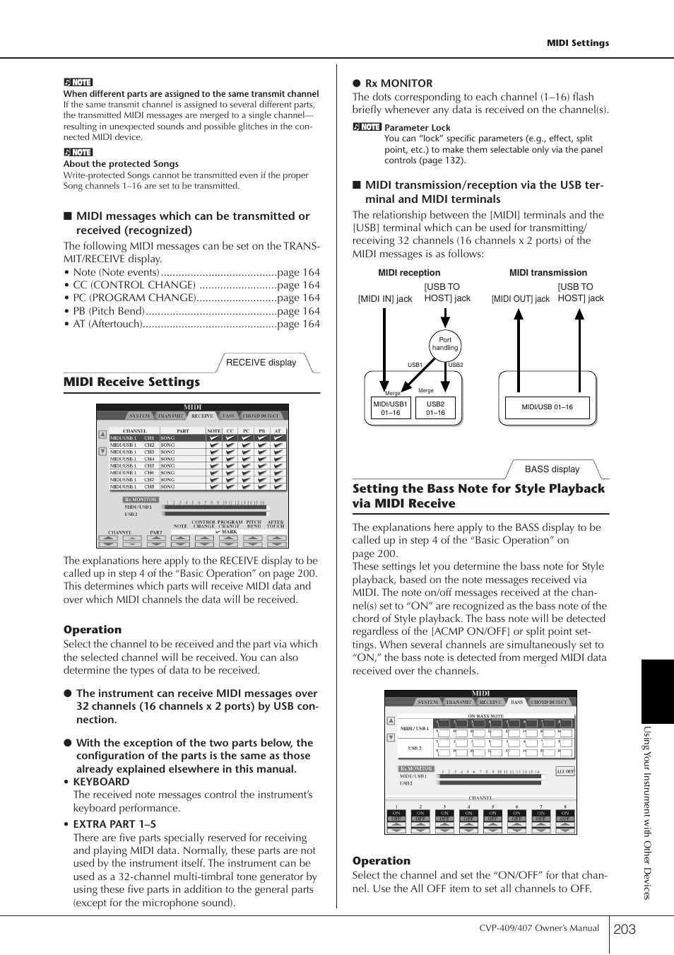Midi receive settings | Yamaha CVP-409 User Manual | Page 203 / 226