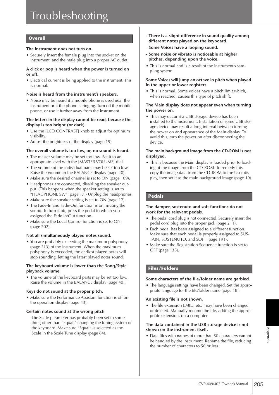 Troubleshooting | Yamaha CVP-409 User Manual | Page 205 / 226