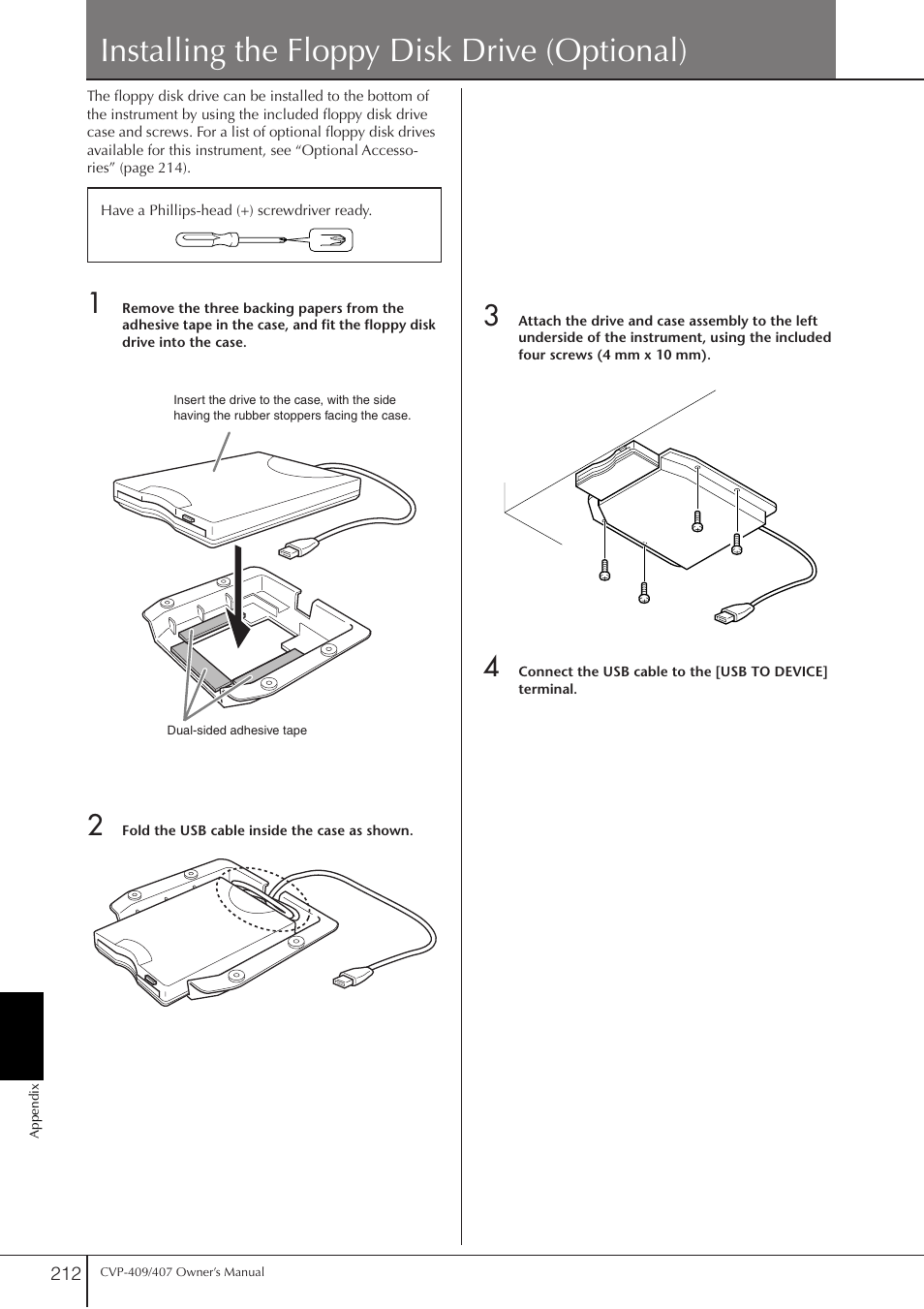 Installing the floppy disk drive (optional) | Yamaha CVP-409 User Manual | Page 212 / 226