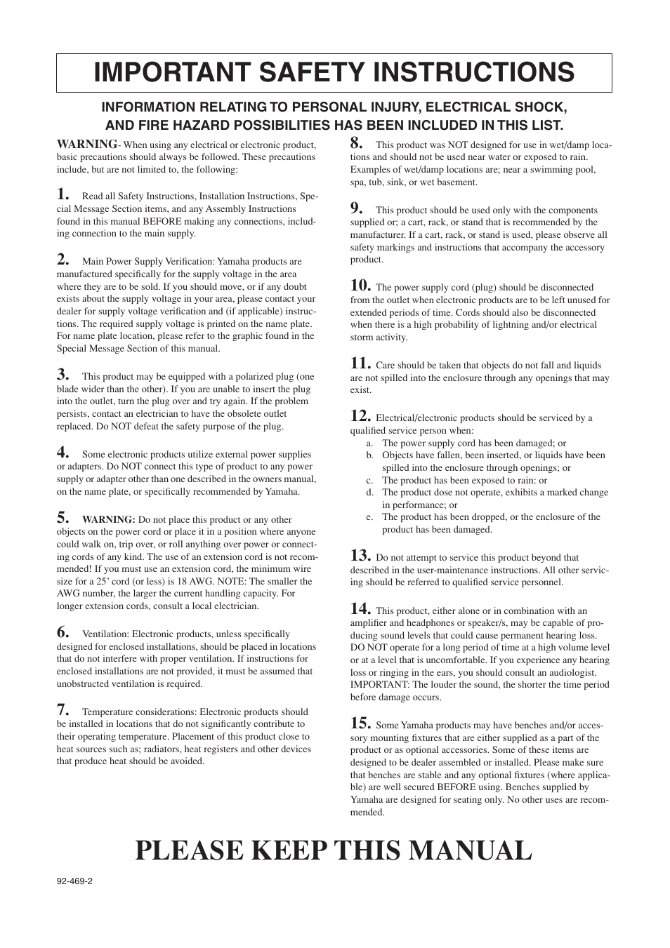 Please keep this manual, Important safety instructions | Yamaha CVP-409 User Manual | Page 223 / 226