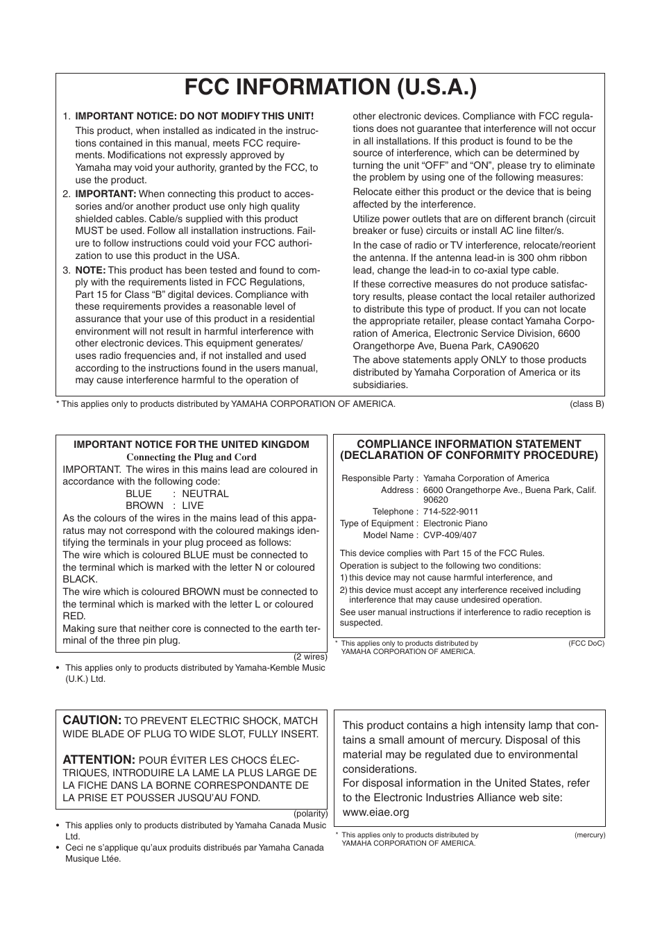 Fcc information (u.s.a.), Caution, Attention | Yamaha CVP-409 User Manual | Page 224 / 226