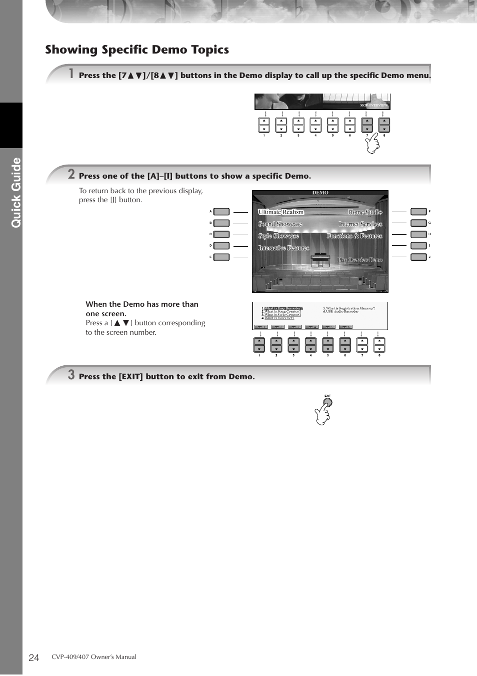 Quic k guide, Showing specific demo topics | Yamaha CVP-409 User Manual | Page 24 / 226