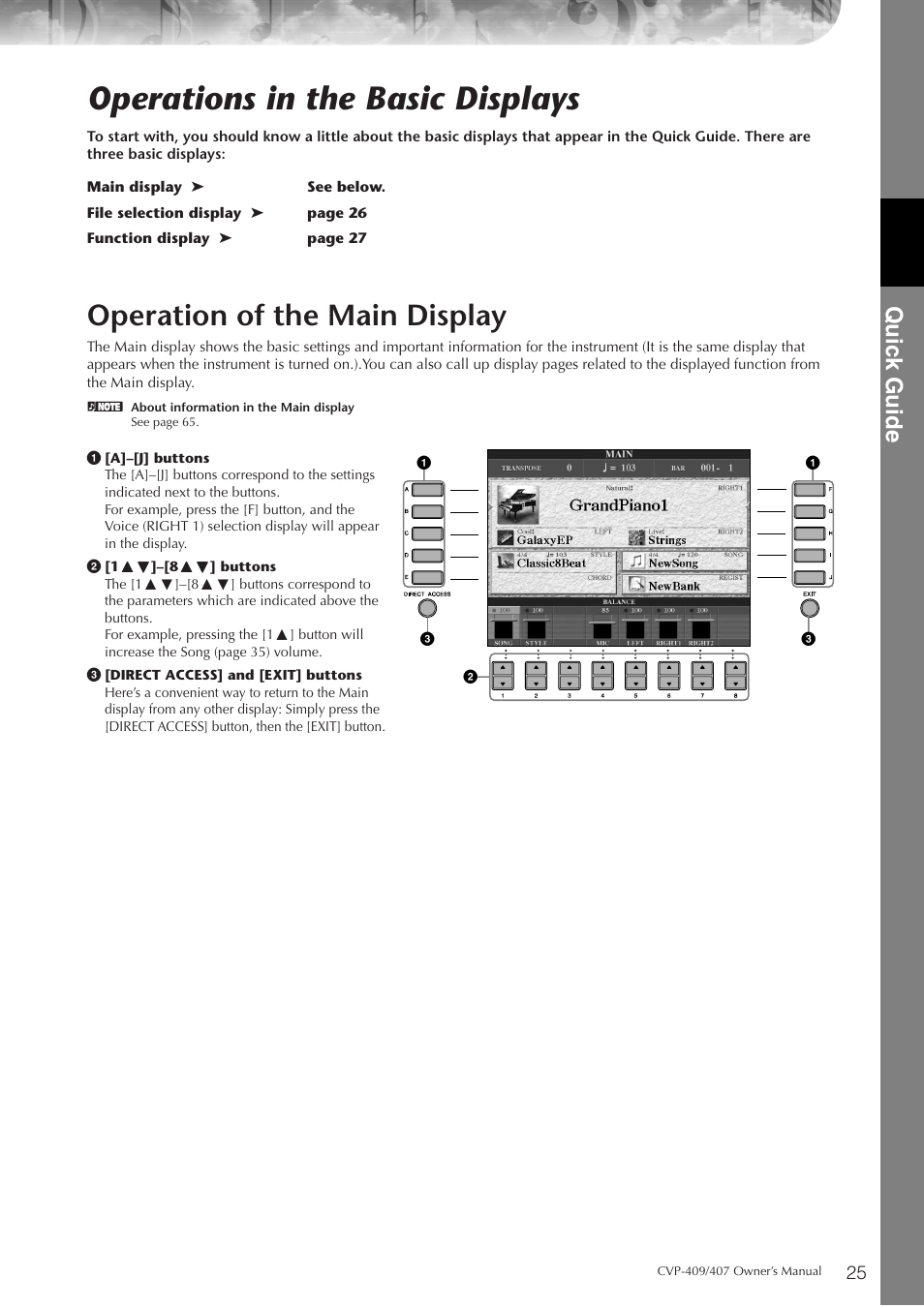 Operations in the basic displays, Operation of the main display, P. 25 | Quic k guide | Yamaha CVP-409 User Manual | Page 25 / 226