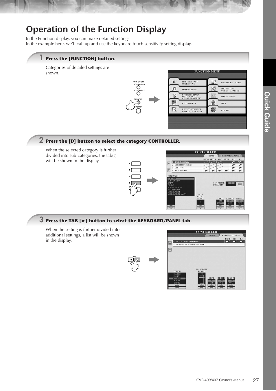Operation of the function display, P. 27, Quic k guide | Yamaha CVP-409 User Manual | Page 27 / 226