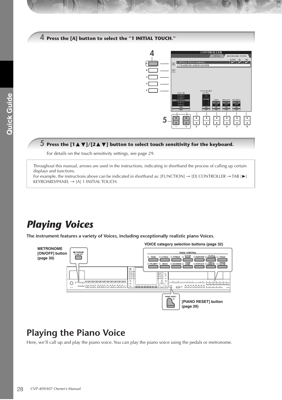 Playing voices, Playing the piano voice, Quic k guide | Yamaha CVP-409 User Manual | Page 28 / 226