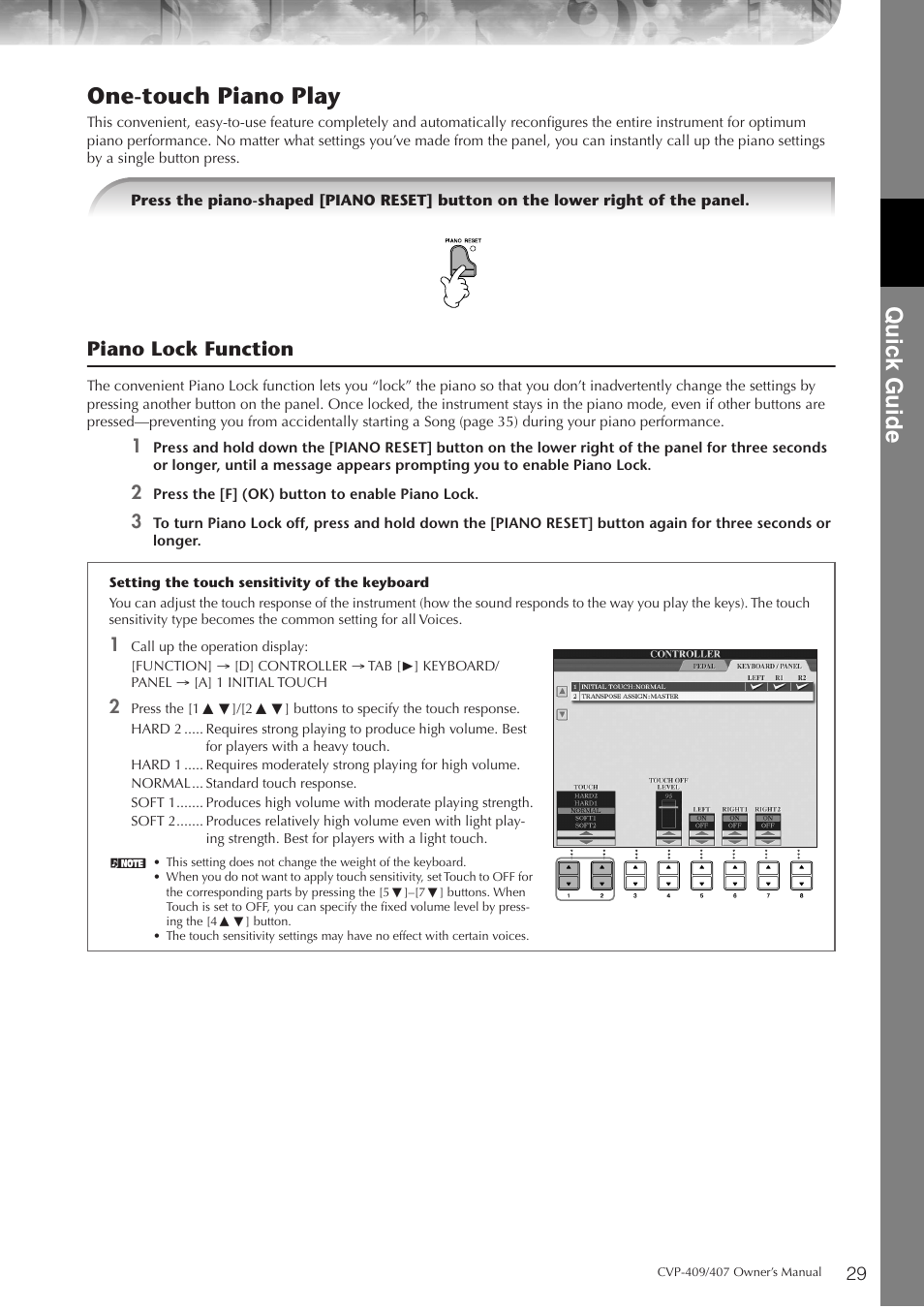 P. 29, Quic k guide, One-touch piano play | Piano lock function | Yamaha CVP-409 User Manual | Page 29 / 226