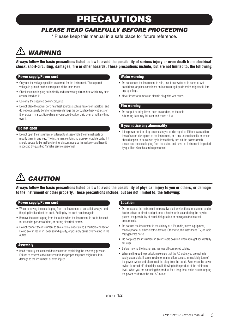 Precautions, Warning, Caution | Please read carefully before proceeding | Yamaha CVP-409 User Manual | Page 3 / 226